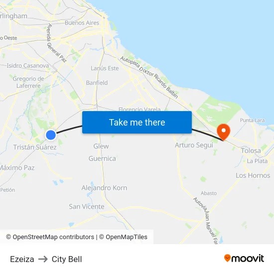 Ezeiza to City Bell map