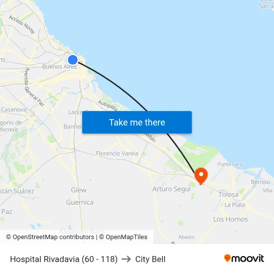 Hospital Rivadavia (60 - 118) to City Bell map