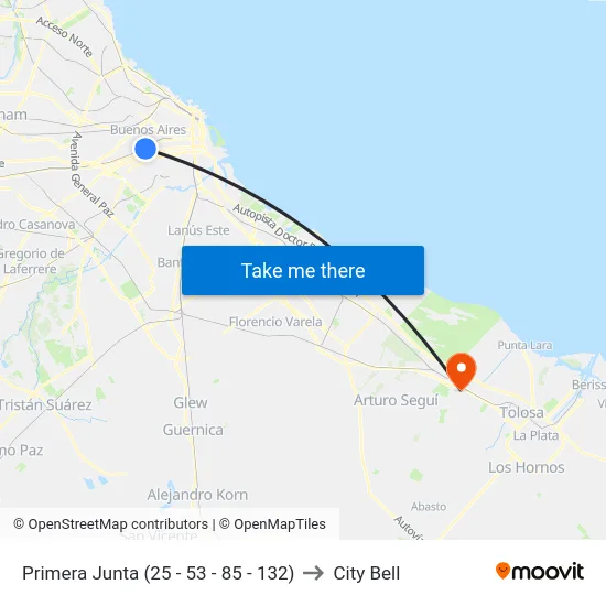 Primera Junta (25 - 53 - 85 - 132) to City Bell map