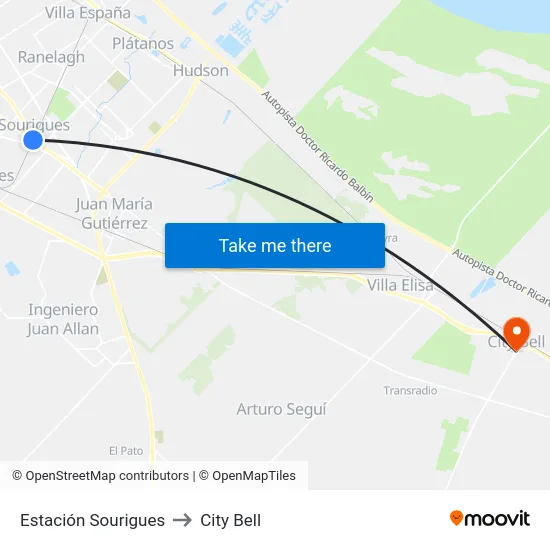 Estación Sourigues to City Bell map