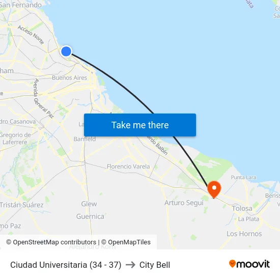 Ciudad Universitaria (34 - 37) to City Bell map