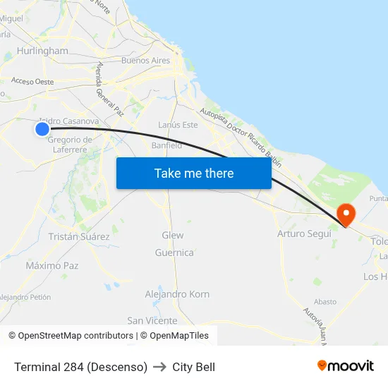 Terminal 284 (Descenso) to City Bell map