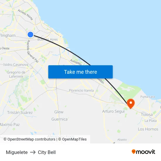 Miguelete to City Bell map