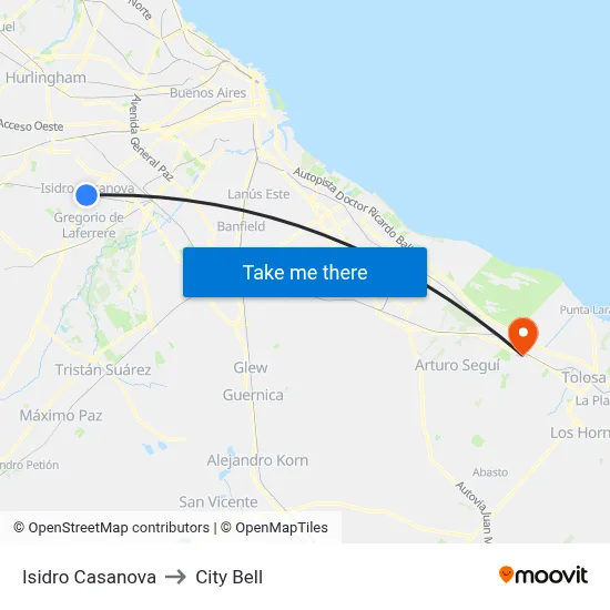 Isidro Casanova to City Bell map