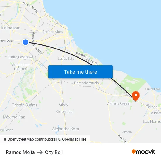 Ramos Mejía to City Bell map
