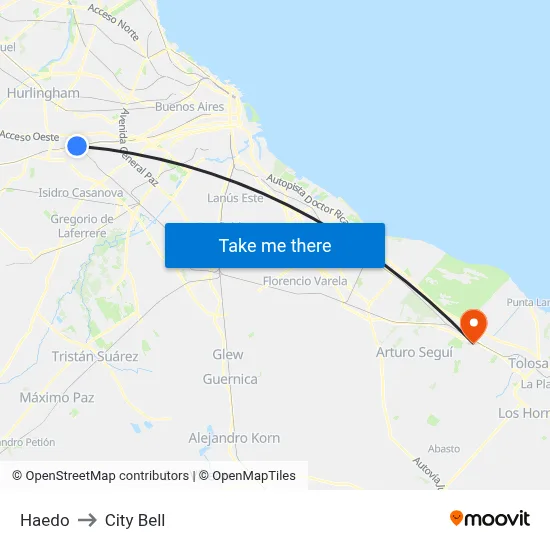 Haedo to City Bell map