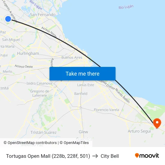 Tortugas Open Mall (228b, 228f, 501) to City Bell map