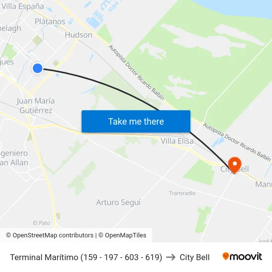Terminal Marítimo (159 - 197 - 603 - 619) to City Bell map