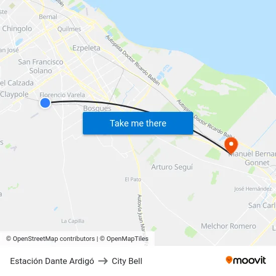 Estación Dante Ardigó to City Bell map