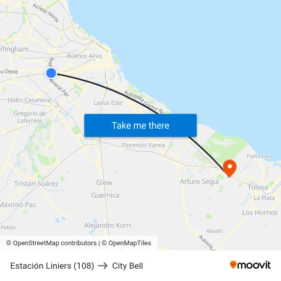 Estación Liniers (108) to City Bell map