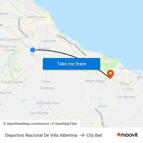 Deportivo Nacional De Villa Albertina to City Bell map