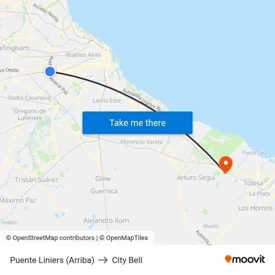 Puente Liniers (Arriba) to City Bell map