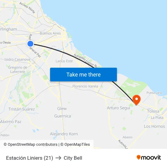 Estación Liniers (21) to City Bell map