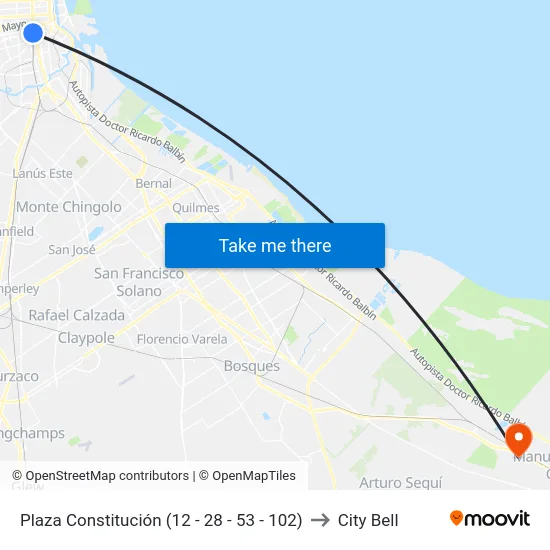 Plaza Constitución (12 - 28 - 53 - 102) to City Bell map
