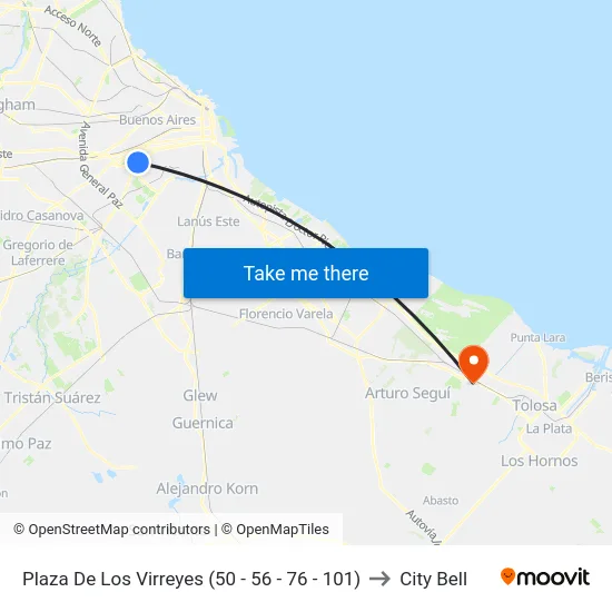 Plaza De Los Virreyes (50 - 56 - 76 - 101) to City Bell map