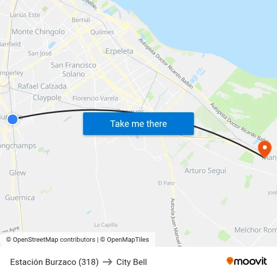 Estación Burzaco (318) to City Bell map