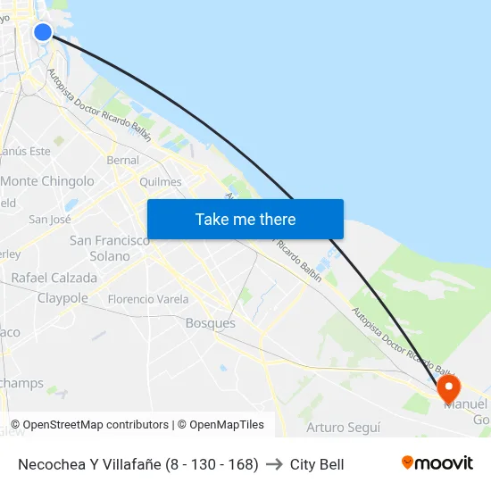 Necochea Y Villafañe (8 - 130 - 168) to City Bell map