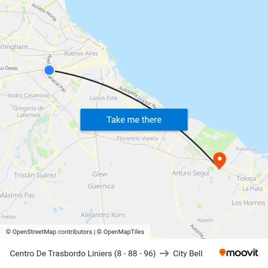 Centro De Trasbordo Liniers (8 - 88 - 96) to City Bell map