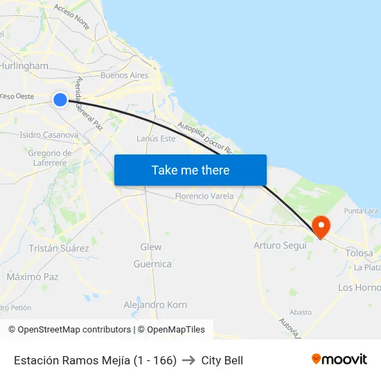 Estación Ramos Mejía (1 - 166) to City Bell map