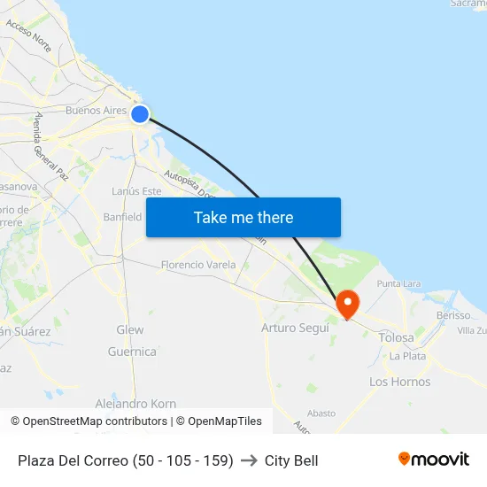 Plaza Del Correo (50 - 105 - 159) to City Bell map