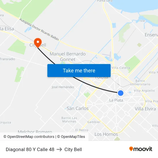 Diagonal 80 Y Calle 48 to City Bell map