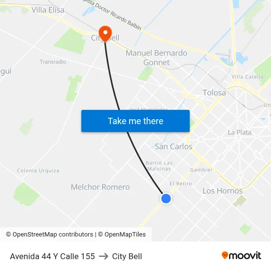Avenida 44 Y Calle 155 to City Bell map