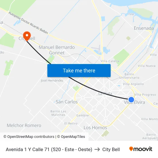 Avenida 1 Y Calle 71 (520 - Este - Oeste) to City Bell map
