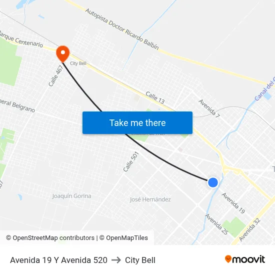 Avenida 19 Y Avenida 520 to City Bell map