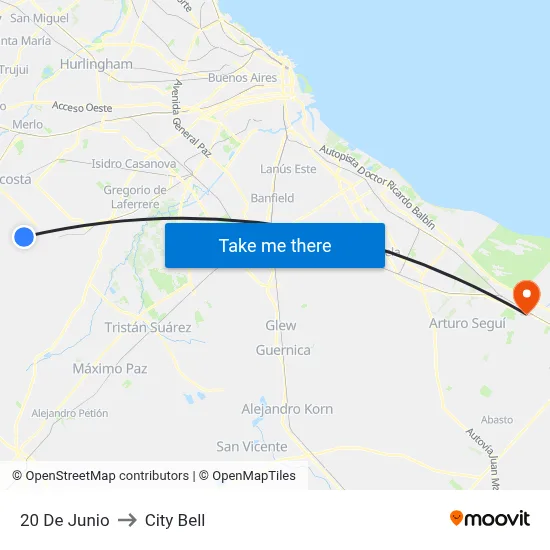 20 De Junio to City Bell map