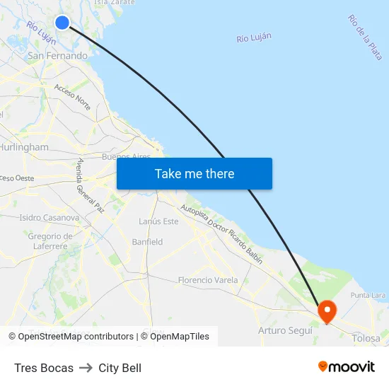 Tres Bocas to City Bell map