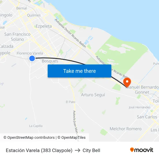 Estación Varela (383 Claypole) to City Bell map