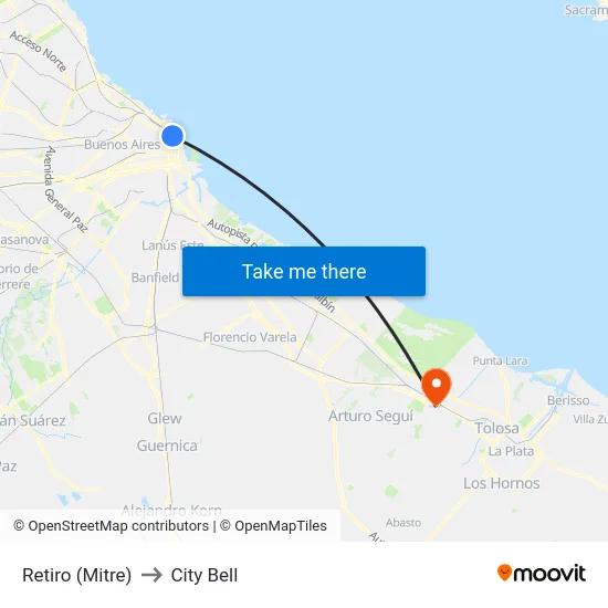 Retiro (Mitre) to City Bell map