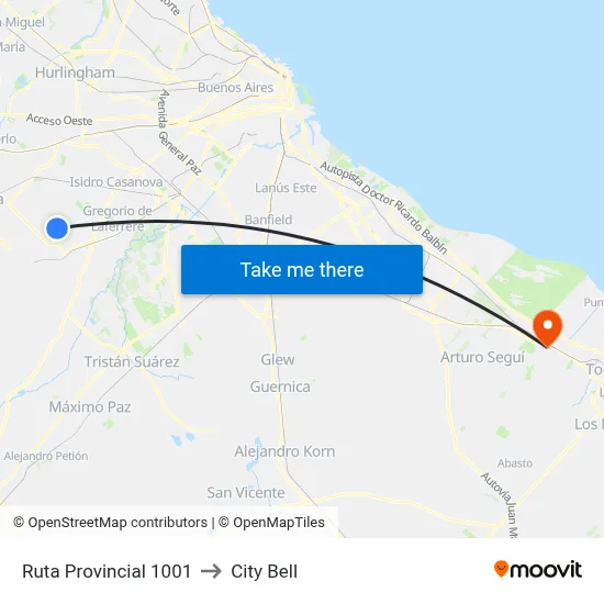 Ruta Provincial 1001 to City Bell map