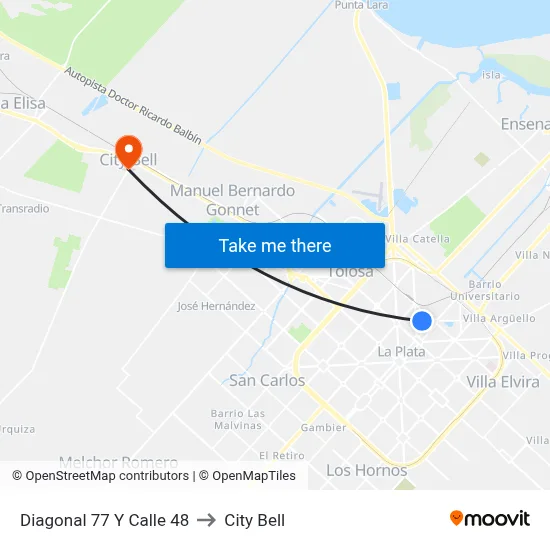 Diagonal 77 Y Calle 48 to City Bell map