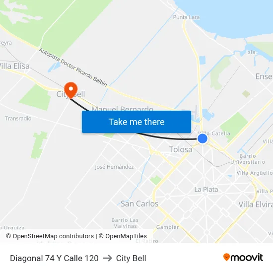 Diagonal 74 Y Calle 120 to City Bell map