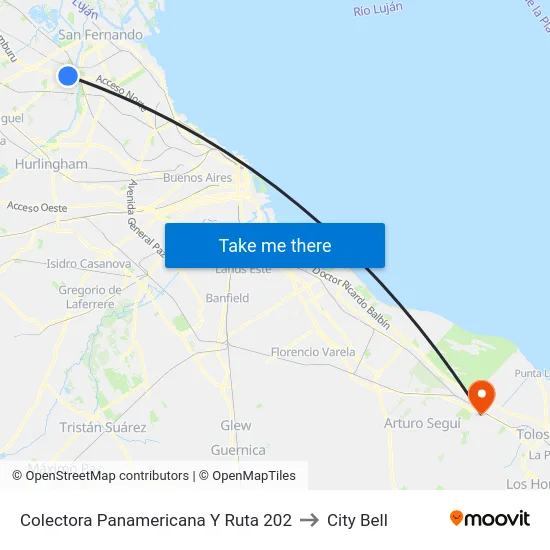 Colectora Panamericana Y Ruta 202 to City Bell map