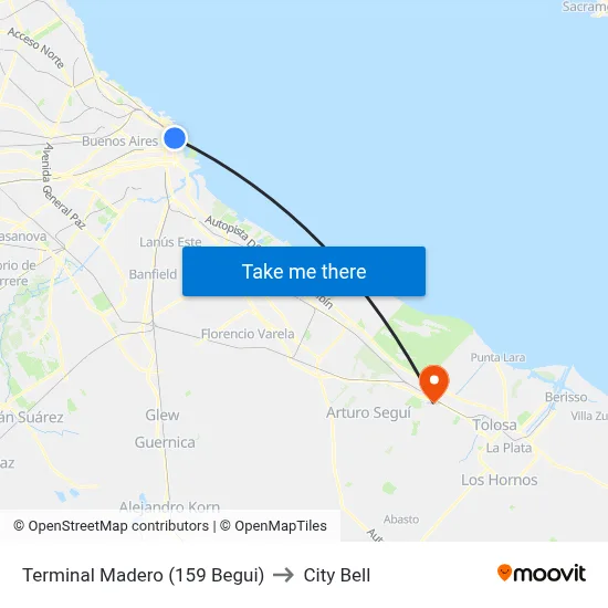 Terminal Madero (159 Begui) to City Bell map