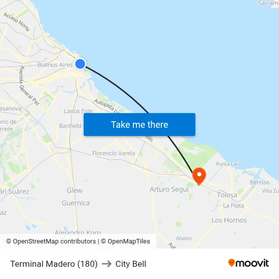 Terminal Madero (180) to City Bell map