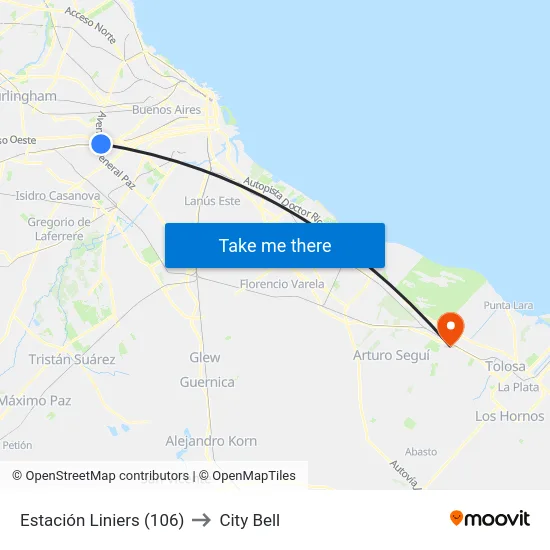 Estación Liniers (106) to City Bell map