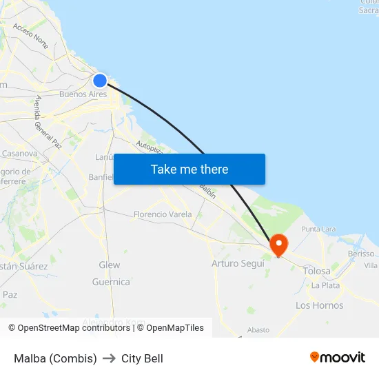 Malba (Combis) to City Bell map