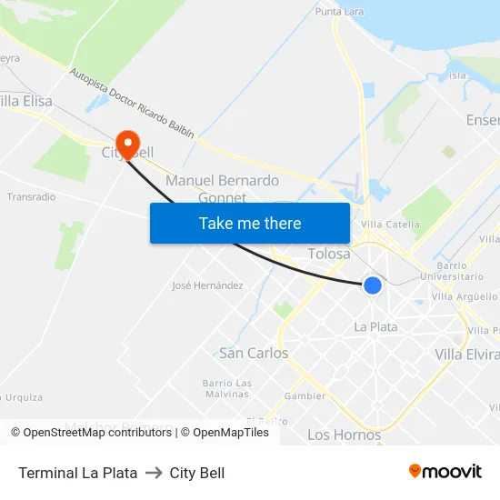 Terminal La Plata to City Bell map