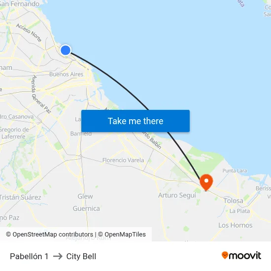 Pabellón 1 to City Bell map