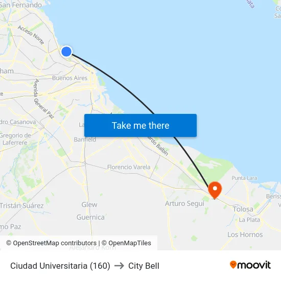 Ciudad Universitaria (160) to City Bell map