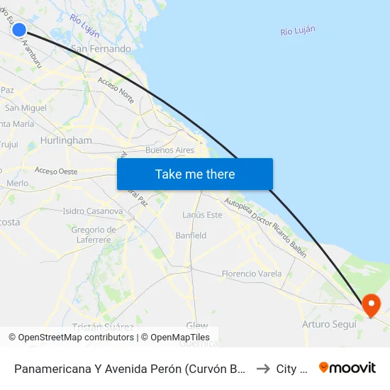 Panamericana Y Avenida Perón (Curvón Benavidez) to City Bell map