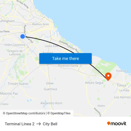 Terminal Línea 2 to City Bell map