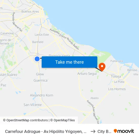 Carrefour Adrogue - Av.Hipólito Yrigoyen, 13300 to City Bell map