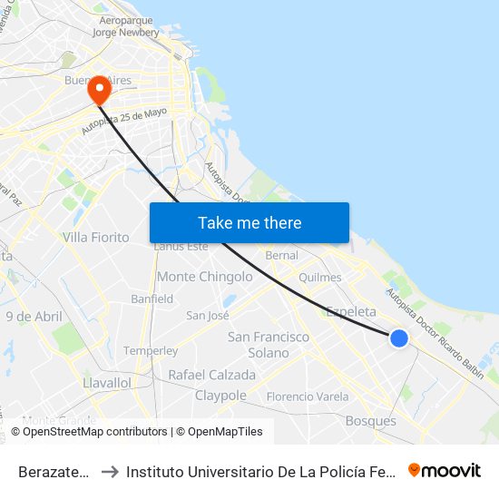 Berazategui to Instituto Universitario De La Policía Federal map