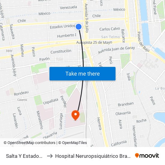 Salta Y Estados Unidos to Hospital Neruropsiquiátrico Braulio A. Moyano map