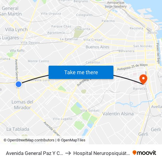 Avenida General Paz Y Coronel Falcón (21 - 28) to Hospital Neruropsiquiátrico Braulio A. Moyano map