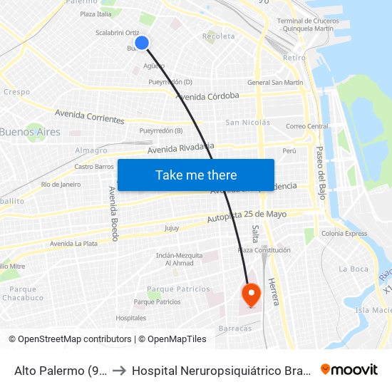 Alto Palermo (92 - 128) to Hospital Neruropsiquiátrico Braulio A. Moyano map